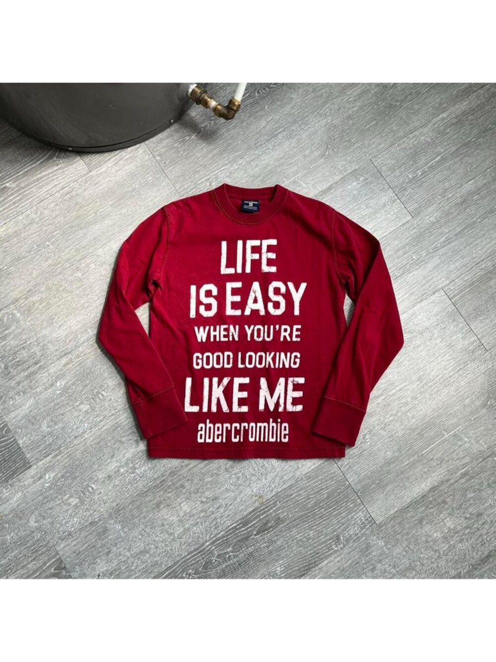 Burgundy Red / White Vintage Abercrombie & Fitch Long-Sleeve Y2K Graphic T-Shirt